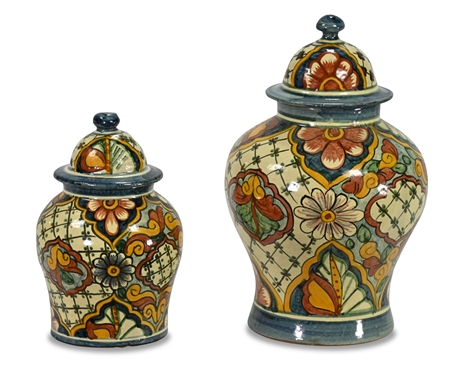 Pair Casal Decorative Mexican Pottery Lidded Vessels
