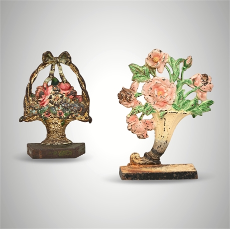 Antique Cast Iron Flower Basket & Cornucopia Doorstops, Pair