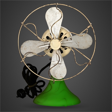 1930s Uranium Glass Houze Vidrio Fan — Glowing Art Deco Rarity, Works Beautifull