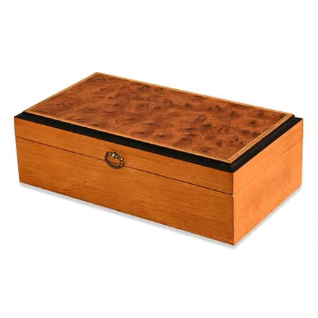 Burl Veneer & Satinwood Jewelry Box with Mirror, Ring Roll & Lift-Out Tray