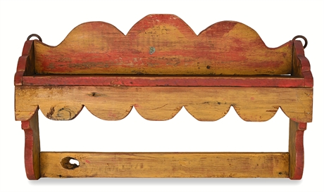 Vintage Hand-Painted Pine Wall Shelf with Scalloped Edge & Iron Hooks
