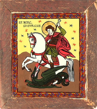 Reverse Painted Glass Icon of Saint George Slaying the Dragon