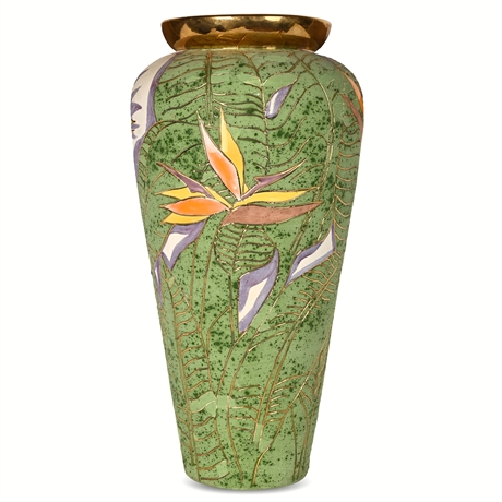 Vera Russell “Bird of Paradise” Hand-Painted Vase, 22K Gold, Signed