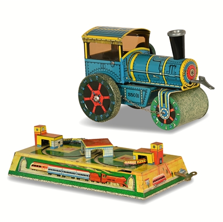 Wind Up Mechanical Toy Train and Steam Roller