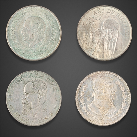 Lot of 4 Mexican Silver Pesos – Hidalgo & Carranza Commemoratives (.720)