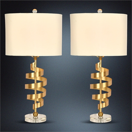 Pair of Modern Gold Spiral Table Lamps with Acrylic Base