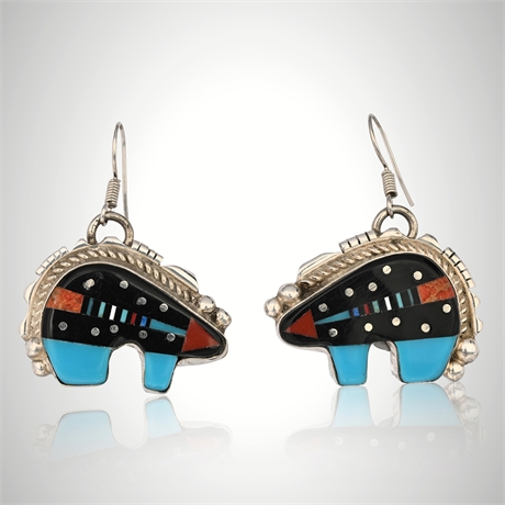 Ray Jack Navajo Sterling Silver Multistone Inlay Bear Earrings