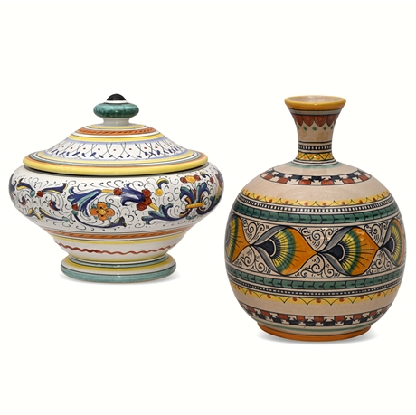 Deruta Italian Majolica Pottery — Lidded Bowl & Vase, Hand-Painted