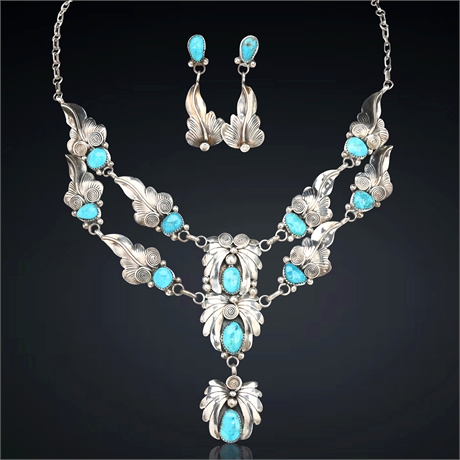 Ray Yazzie Sterling & Kingman Turquoise Necklace and Earrings Set