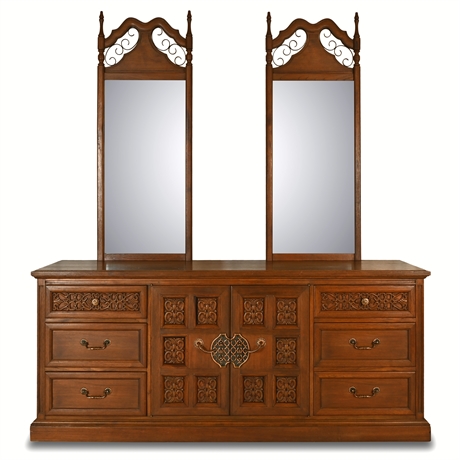 Mid-Century Spanish Colonial 10 Drawer Dresser & Mirrors