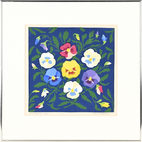 Sara Lindberg “Pansies I” Limited Edition Linocut 13/40 – Framed