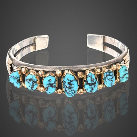 Navajo Seven-Stone Sleeping Beauty Turquoise Row Cuff, 14K Gold & Sterling