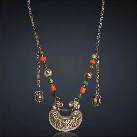Chinese Ethnographic Silver Necklace with Coral and Malachite