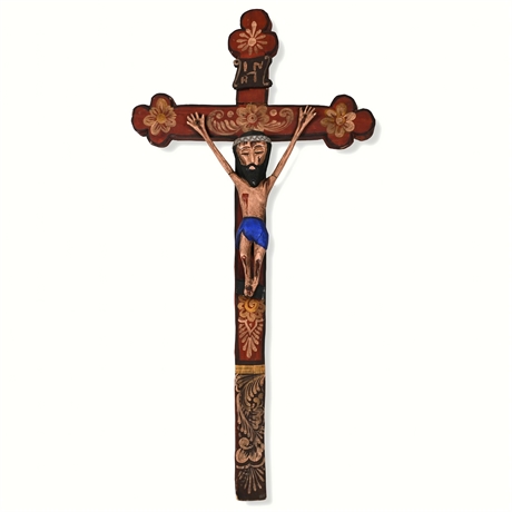 4' Impressive Hand-Carved New Mexican Folk Crucifix — Painted Wood