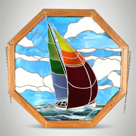 Stained Glass Sailboat Window Panel — Octagonal Oak Frame, 22.5", Multicolor
