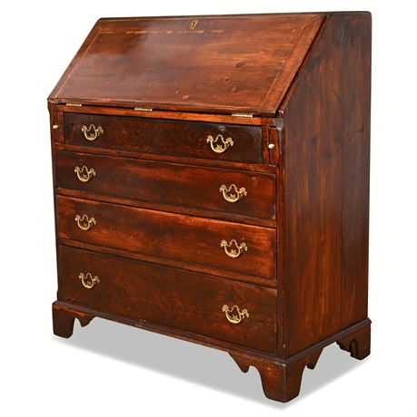 Vintage Chippendale-Style Slant-Front Secretary Desk — Pine, Brass Hardware