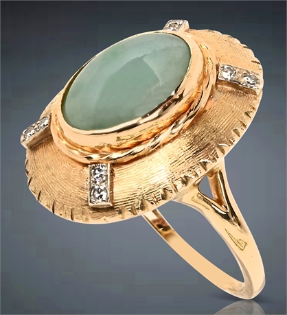 1960's 14K Diamond and Jade Cocktail Ring, Size 8