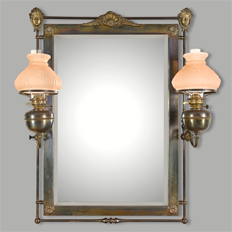 Classic Brass Fireplace Mantel Mirror —with Duplex Oil Lamp Sconces