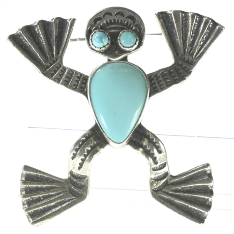 Sterling Silver & Turquoise Frog Brooch