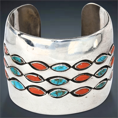 Vintage Coral & Turquoise Sterling Overlay  Shadow Box Cuff