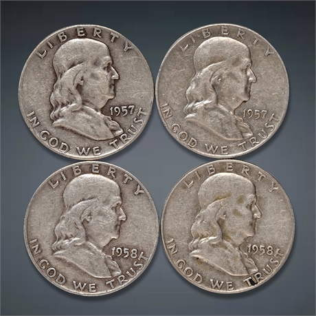 (4) 1957 & 1958 Franklin Silver Half Dollars