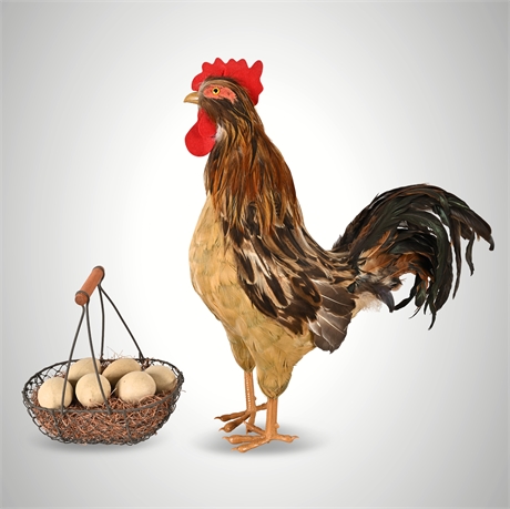 Folk Art Feather Rooster & Wire Egg Basket Display