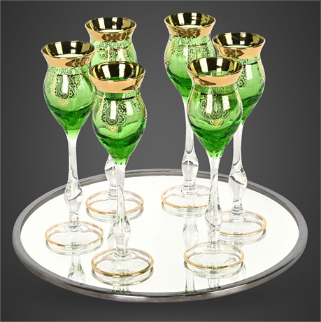 Set of 6 Green Mid-Century Gilt Cordial Stems w/ Mirrored Tray