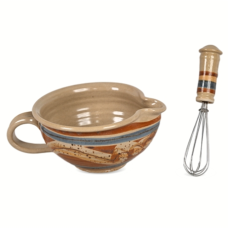 Studio Pottery Batter Bowl & Whisk – Signed, Hand Thrown & Painted