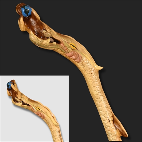 Carved Wood Dragon Walking Staff — Polychrome Folk Art Sculpture