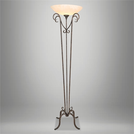 Wrought Iron Torchiere Floor Lamp — Marbled Glass Bowl, 72.5"