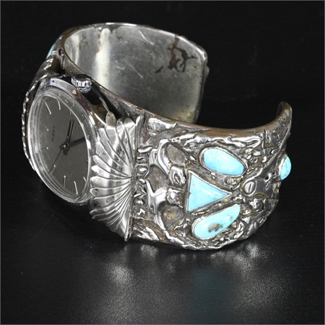 Rare Navajo Sterling Silver Turquoise Inlay Freemasonry Watch Cuff