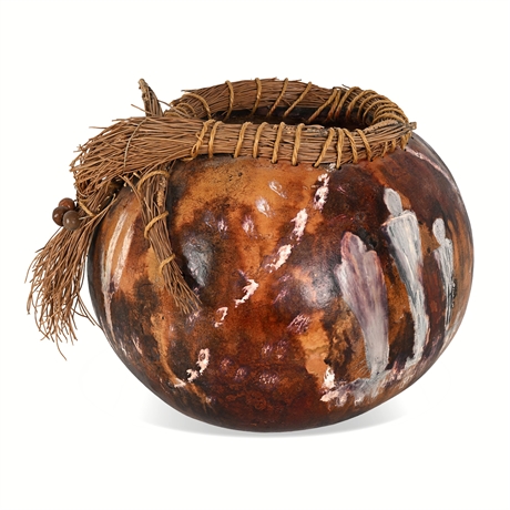 Lola Wilson "The People" Pyro-Etched Gourd Vessel with Pine Needle Coil Rim