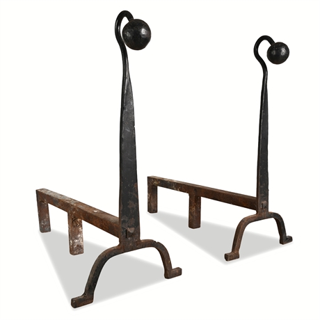 Pair Early American Hand-Forged Iron Andirons Fireplace Dogs