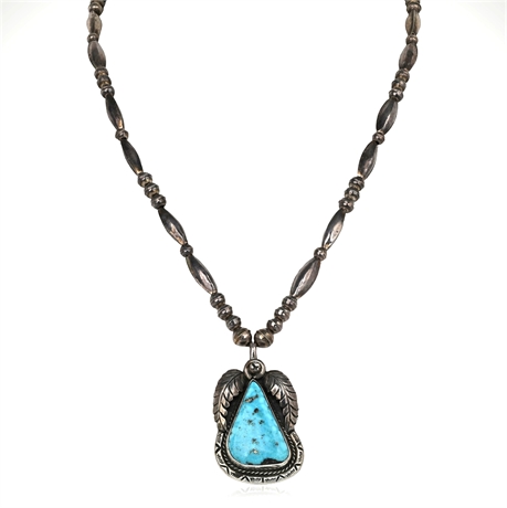 Signed Navajo Sterling Silver & Turquoise Necklace — 22" Bench Beads