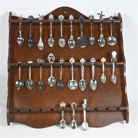 Souvenir Spoons and Wood Display