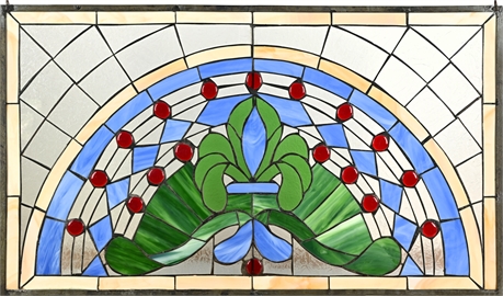 Antique Leaded Stained Glass Panel — Fleur-de-Lis, Red Jewels