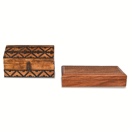 Iron-Bound Dome-Top Chest & Carved Lattice-Lid Hardwood Box