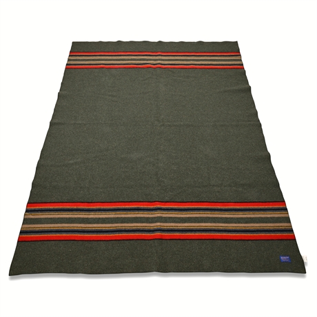 Pendleton Green Wool Camp Blanket with Striped Bands, Made in USA