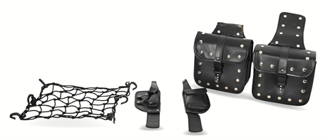 Saddle Bags with Velcro Pouch, Holster & Pouch Combo, and Cargo Net