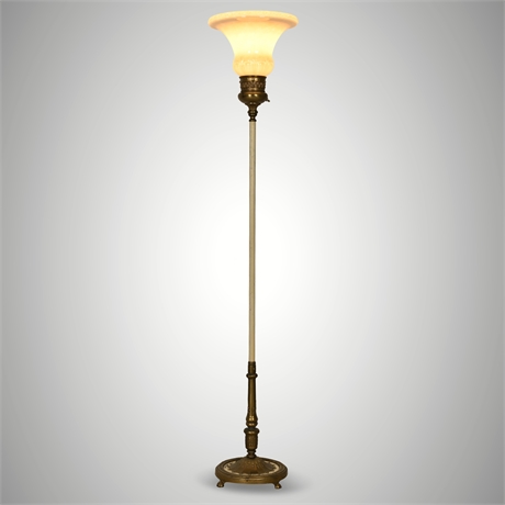 Antique Brass & Glass Torchiere Floor Lamp — Iridescent Shade, 64"