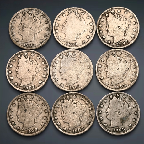 1907–1908 Liberty Head Nickels (9 Coins) – “V” Reverse – Copper-Nickel Alloy