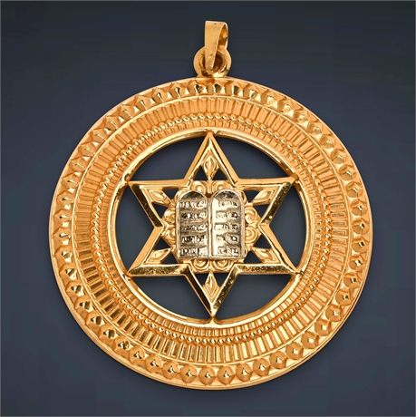 14K Yellow White Gold Two Tone Star of David Torah Circle Round Pendant Charm