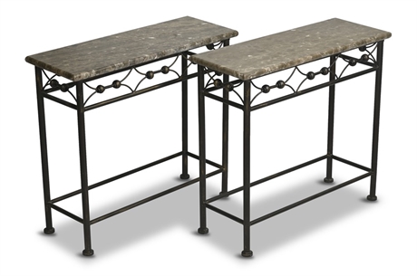 Pair Iron Stone Top Side Tables