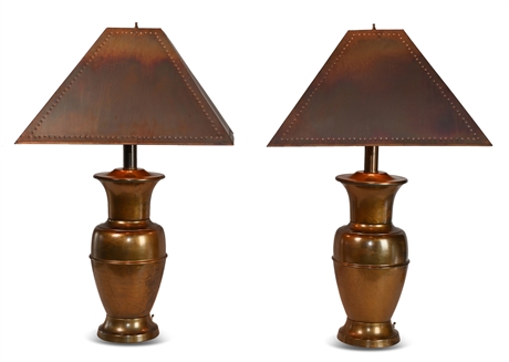 Pair of Brass Table Lamps with Pierced Copper Shades
