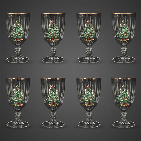 Spode Christmas Tree Goblets – Set of 8, 7.75″ Stems with Gold Rim