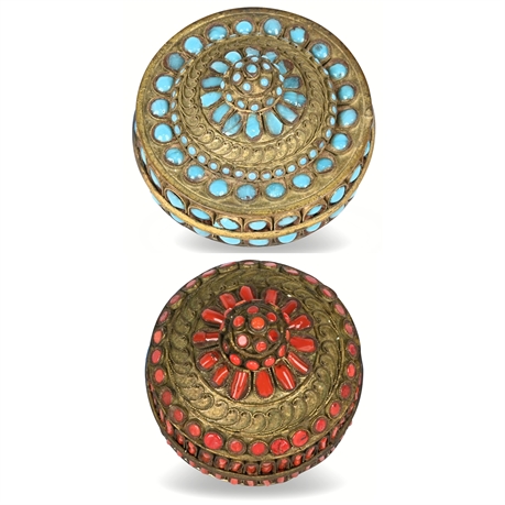 Vintage Tibetan Brass & Turquoise & Tibetan Brass & Coral Trinket Boxes