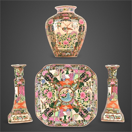 Rose Medallion Famille Rose Porcelain Garniture 4-Pc — 20th C. Canton Export​​​​