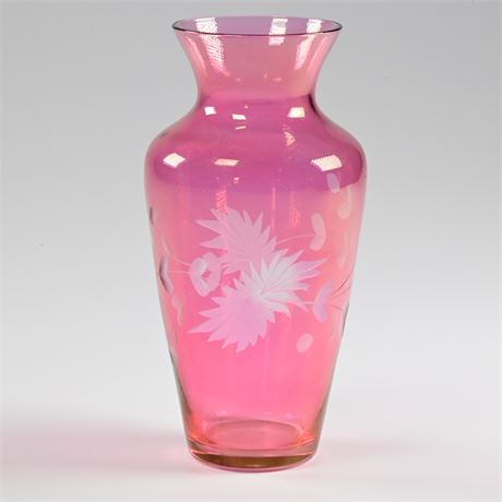 Wheel Cut Cranberry Glass Vase