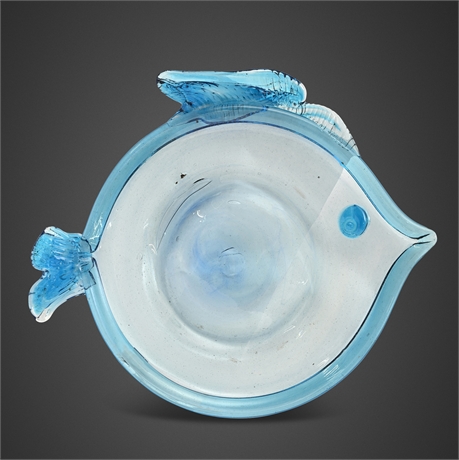 Vintage Hand Blown Glass Fish Platter Blue 15" Figural Dish