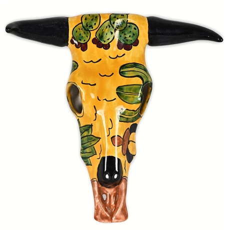 Striking Mexican Longhorn Skull in Talavera Palette, Signed Lugo